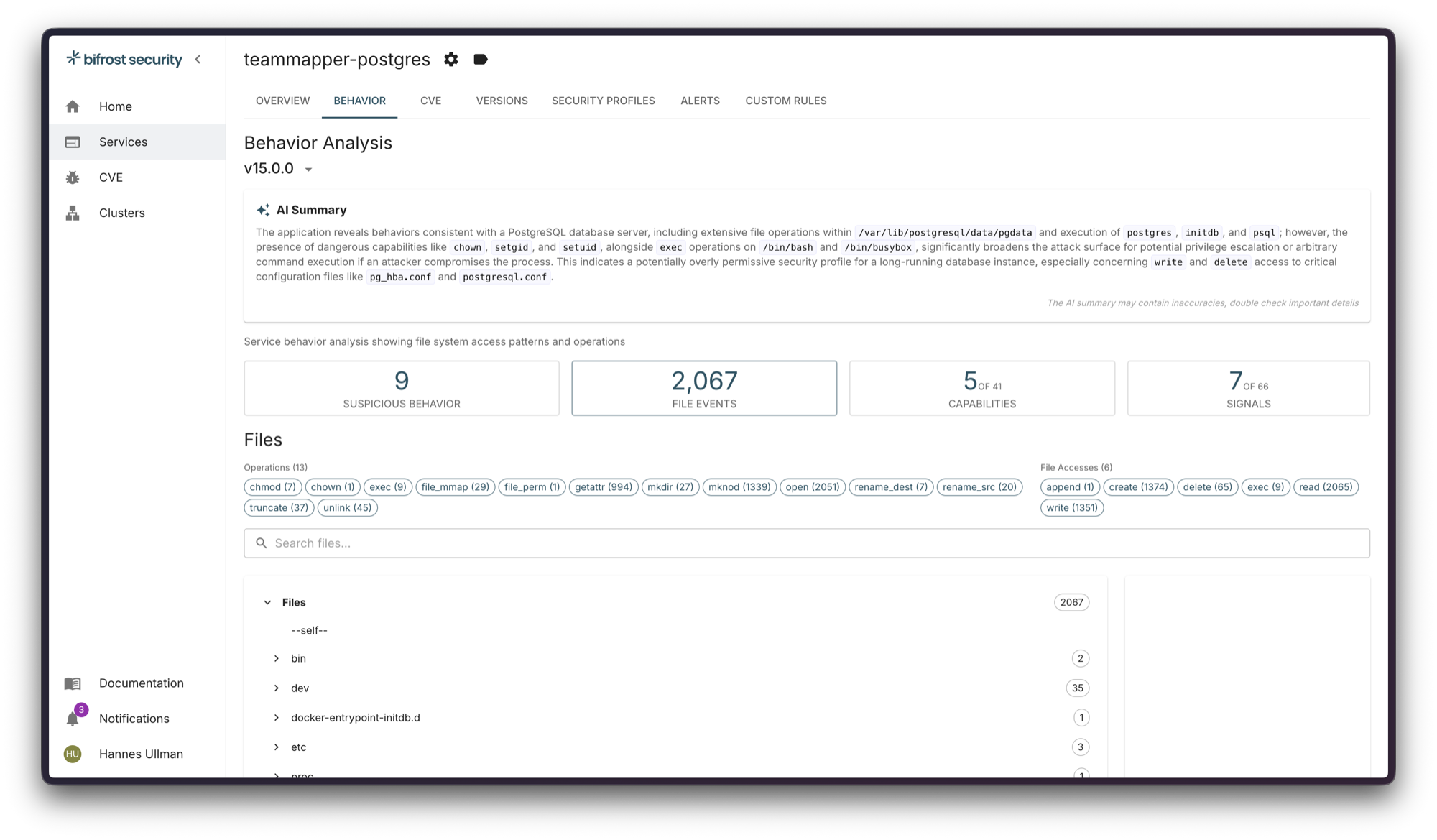 bifrost behaviour analysis for a PostgreSQL service: suspicious behaviour, file events, capabilities and signals, with the file operations observed