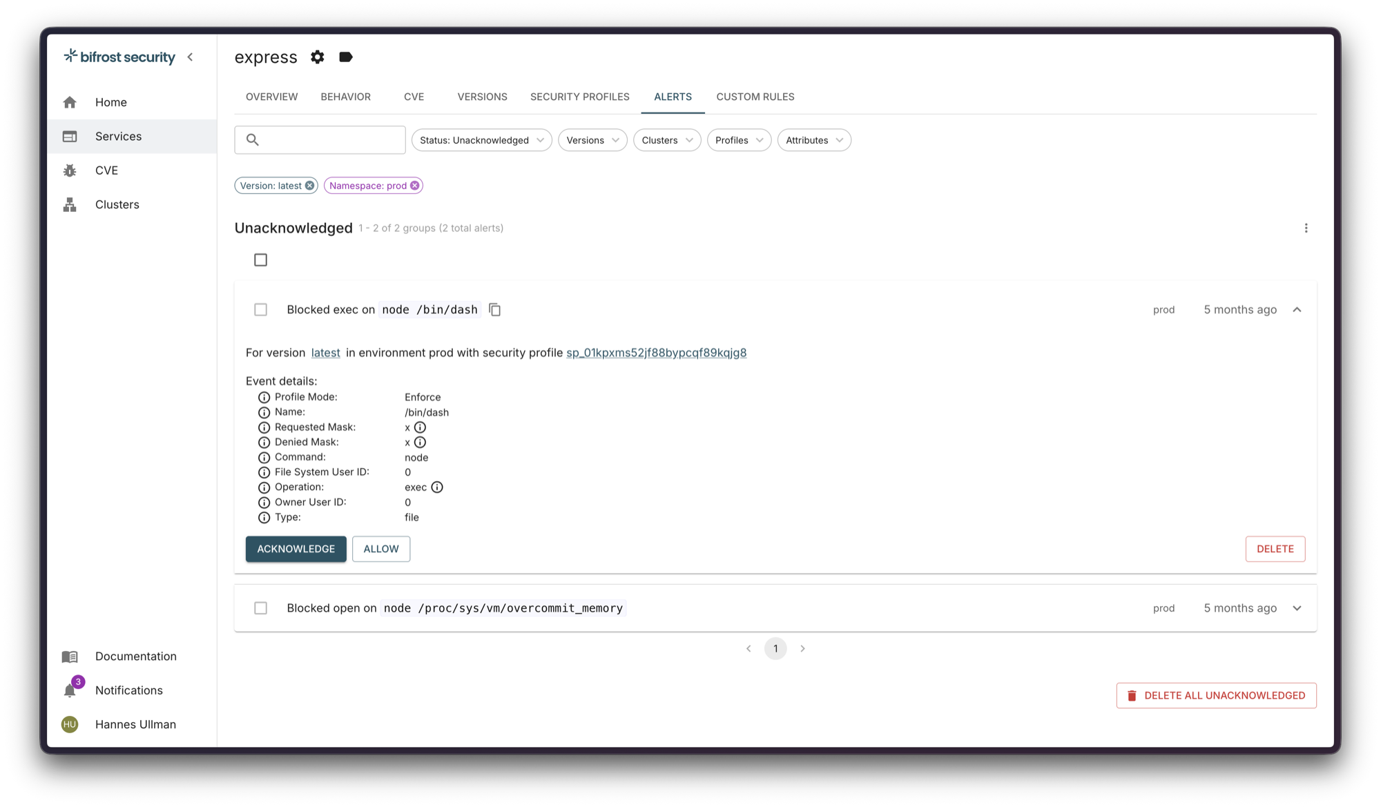 bifrost alerts for a service in production: a blocked exec of /bin/dash with the profile mode, command, operation and denied mask, and the acknowledge and allow actions