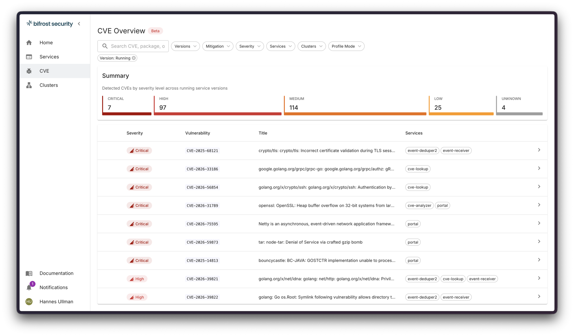 bifrost CVE overview listing detected CVEs across running service versions, by severity, with the services each one runs in