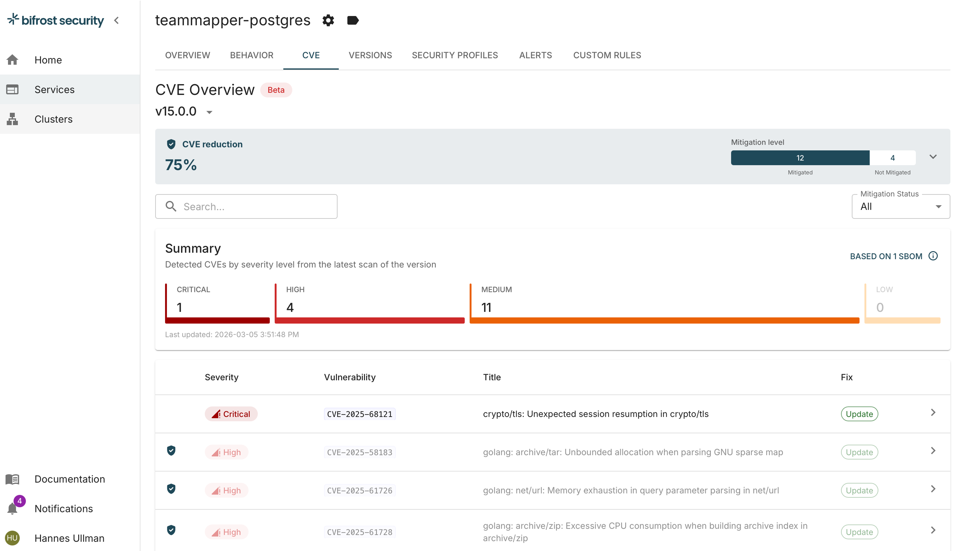 bifrost CVE prioritisation view showing vulnerabilities verdicted against runtime behaviour
