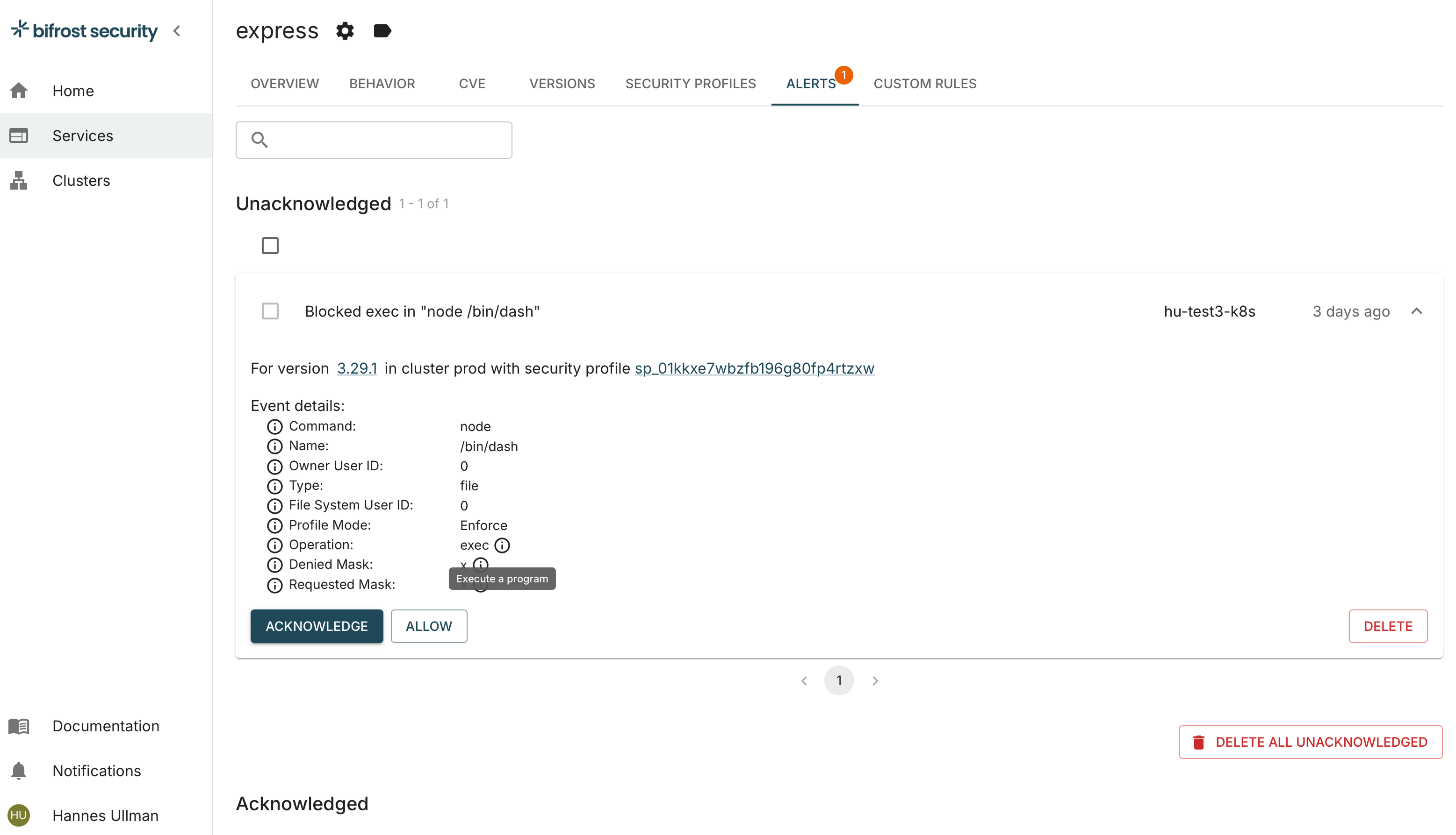 bifrost runtime event showing unauthorized behavior blocked by a runtime profile