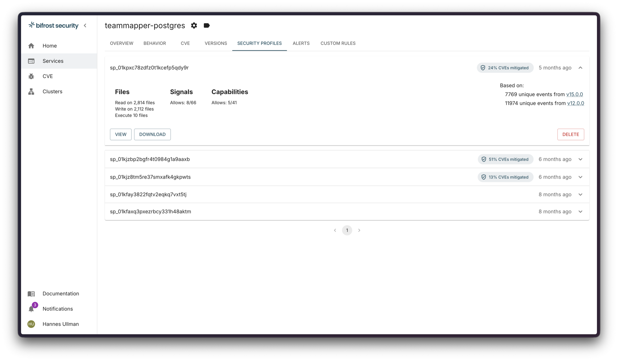 bifrost security profiles for one service: each profile shows the files, signals and capabilities it allows, the versions it was learned from, and the share of CVEs it mitigates