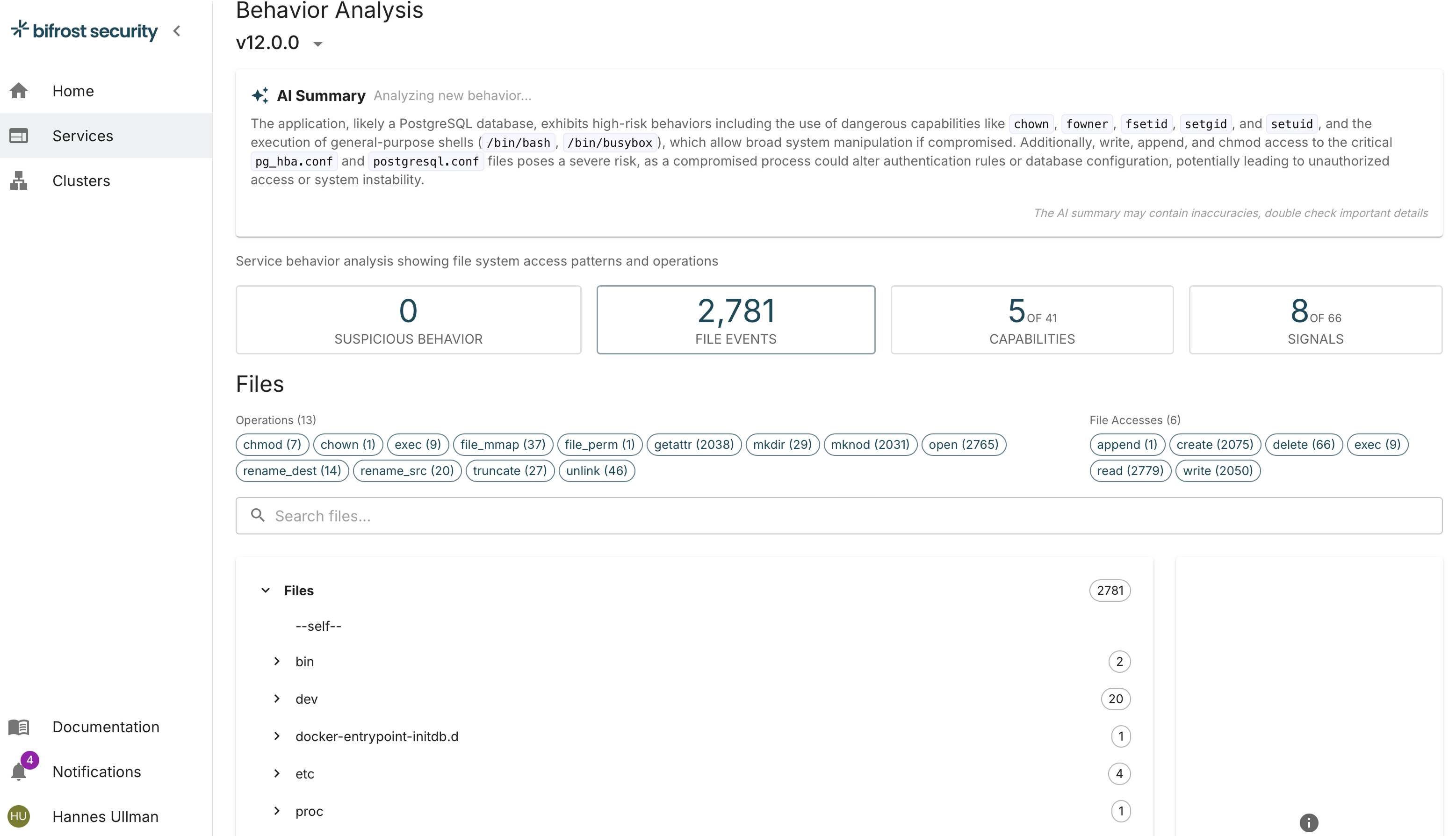 bifrost detailed workload behavior view showing system calls, file access, and network connections